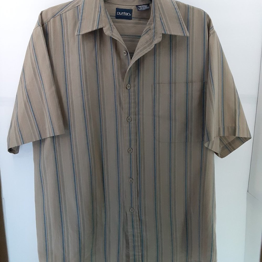 Puritan Men's Short Sleeve Button -Up Shirt | Tan | Striped | Size Medium 15.5